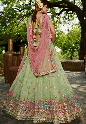 Embroidered Tissue Silk Lehenga in Light Green
