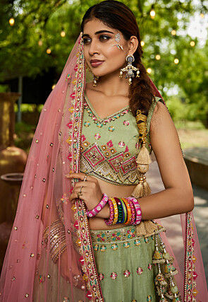 Embroidered Tissue Silk Lehenga in Light Green