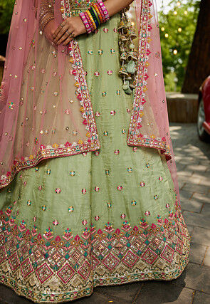 Embroidered Tissue Silk Lehenga in Light Green