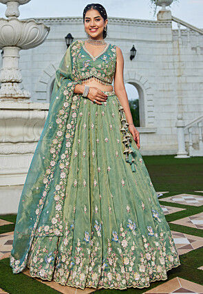 Embroidered Tissue Silk Lehenga in Light Green