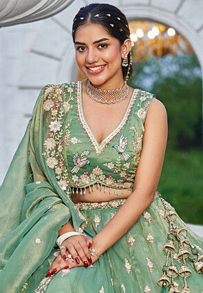 Embroidered Tissue Silk Lehenga in Light Green