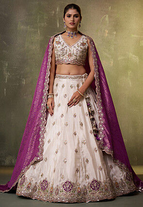 Embroidered Tissue Silk Lehenga in Off White