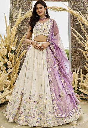 Embroidered Tissue Silk Lehenga in Off White