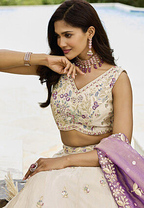 Embroidered Tissue Silk Lehenga in Off White