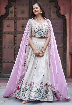 Embroidered Tissue Silk Lehenga in Off White