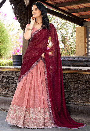 Embroidered Tissue Silk Lehenga in Peach