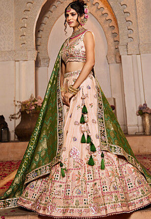 Embroidered Tissue Silk Lehenga in Peach