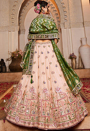 Embroidered Tissue Silk Lehenga in Peach
