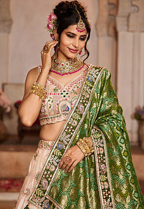 Embroidered Tissue Silk Lehenga in Peach