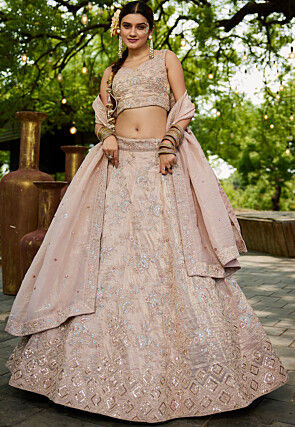Embroidered Tissue Silk Lehenga in Peach