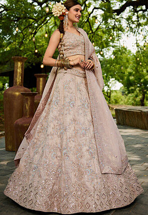 Embroidered Tissue Silk Lehenga in Peach
