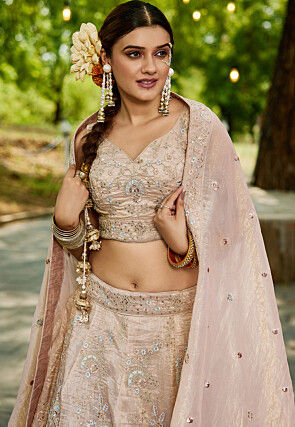 Embroidered Tissue Silk Lehenga in Peach