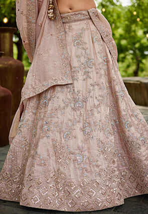 Embroidered Tissue Silk Lehenga in Peach