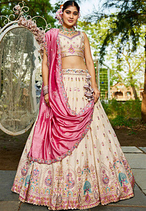Embroidered Tissue Silk Lehenga in Peach