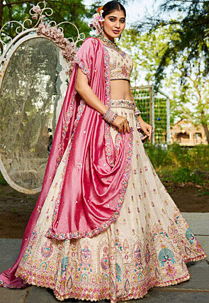 Embroidered Tissue Silk Lehenga in Peach