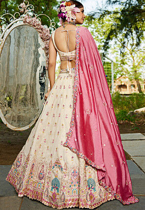 Embroidered Tissue Silk Lehenga in Peach