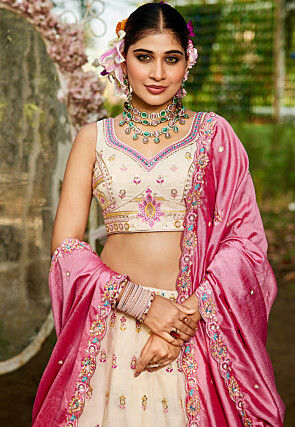 Embroidered Tissue Silk Lehenga in Peach