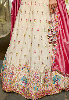 Embroidered Tissue Silk Lehenga in Peach