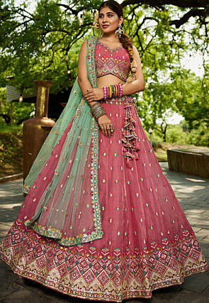 Embroidered Tissue Silk Lehenga in Pink