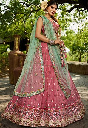 Embroidered Tissue Silk Lehenga in Pink