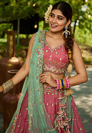 Embroidered Tissue Silk Lehenga in Pink