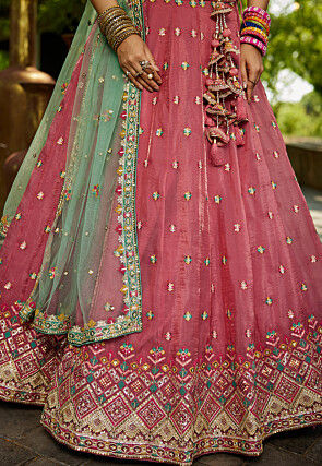 Embroidered Tissue Silk Lehenga in Pink