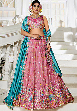Embroidered Tissue Silk Lehenga in Pink