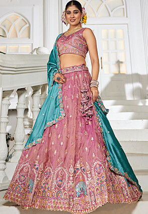 Embroidered Tissue Silk Lehenga in Pink