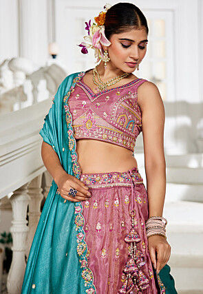 Embroidered Tissue Silk Lehenga in Pink