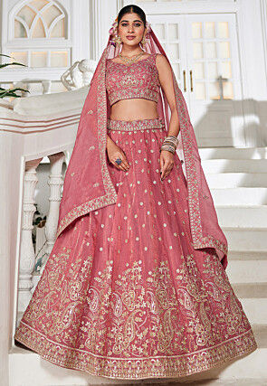 Embroidered Tissue Silk Lehenga in Pink