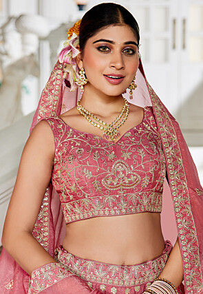 Embroidered Tissue Silk Lehenga in Pink