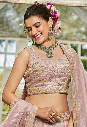 Embroidered Tissue Silk Lehenga in Pink