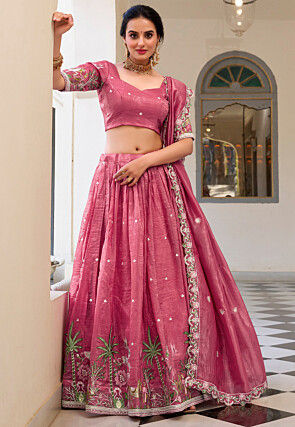 Embroidered Tissue Silk Lehenga in Pink