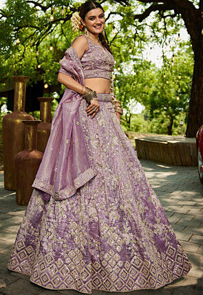 Embroidered Tissue Silk Lehenga in Purple