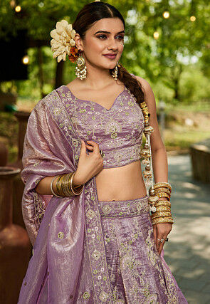 Embroidered Tissue Silk Lehenga in Purple