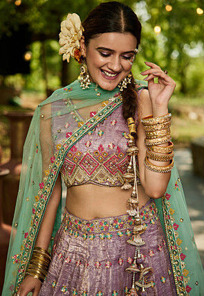 Embroidered Tissue Silk Lehenga in Purple