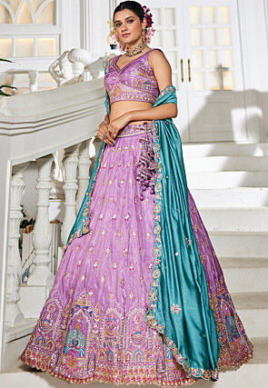 Embroidered Tissue Silk Lehenga in Purple