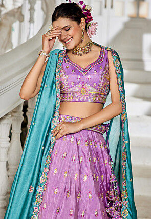 Embroidered Tissue Silk Lehenga in Purple