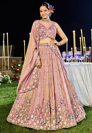 Embroidered Tissue Silk Lehenga in Purple