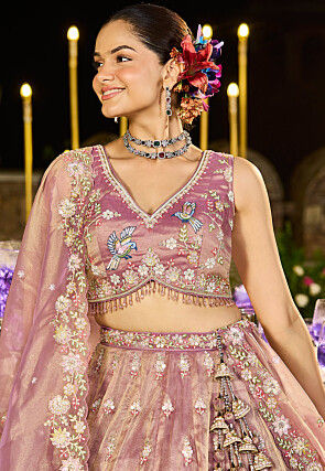 Embroidered Tissue Silk Lehenga in Purple