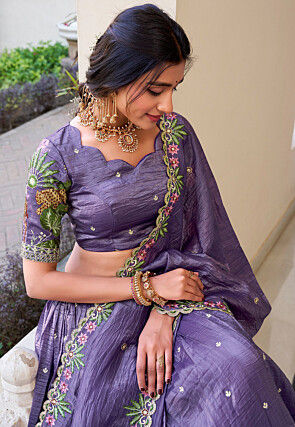 Embroidered Tissue Silk Lehenga in Purple