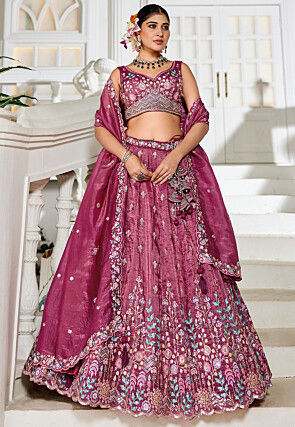 Embroidered Tissue Silk Lehenga in Purple