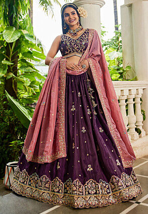 Embroidered Tissue Silk Lehenga in Purple