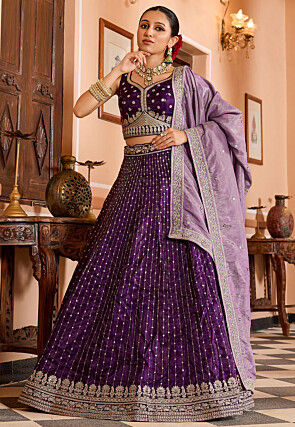 Embroidered Tissue Silk Lehenga in Purple