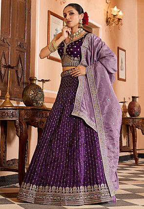 Embroidered Tissue Silk Lehenga in Purple
