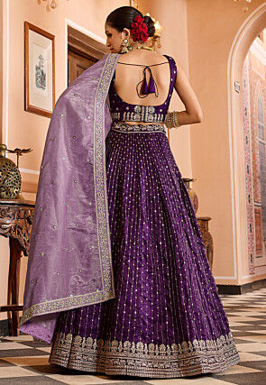 Embroidered Tissue Silk Lehenga in Purple