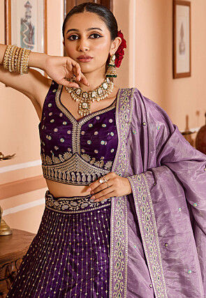 Embroidered Tissue Silk Lehenga in Purple