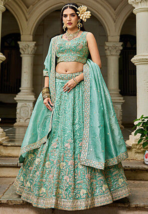 Embroidered Tissue Silk Lehenga in Sea Green