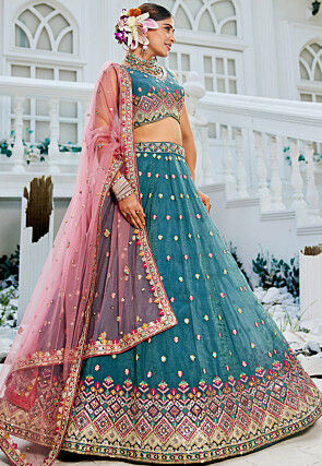 Embroidered Tissue Silk Lehenga in Teal Blue