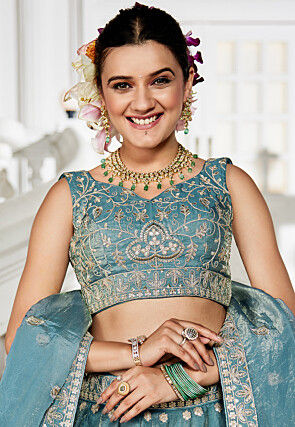 Embroidered Tissue Silk Lehenga in Teal Blue
